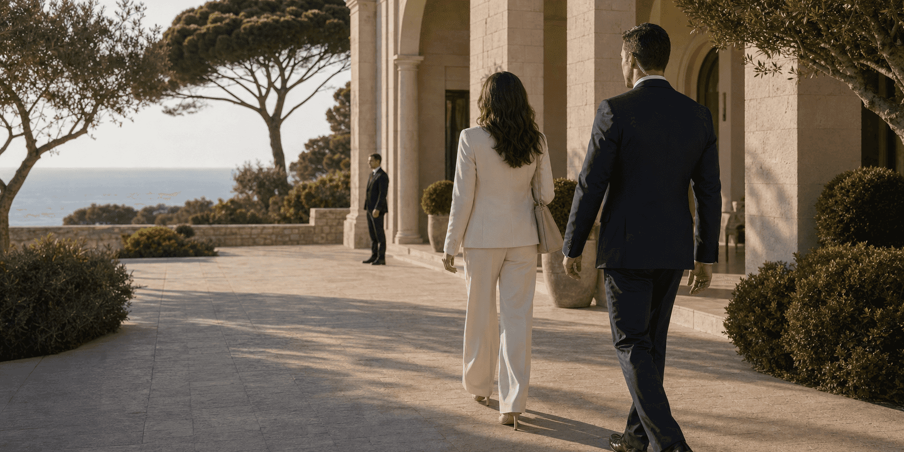 Agent de protection rapprochée accompagnant une cliente à l’entrée d’une villa