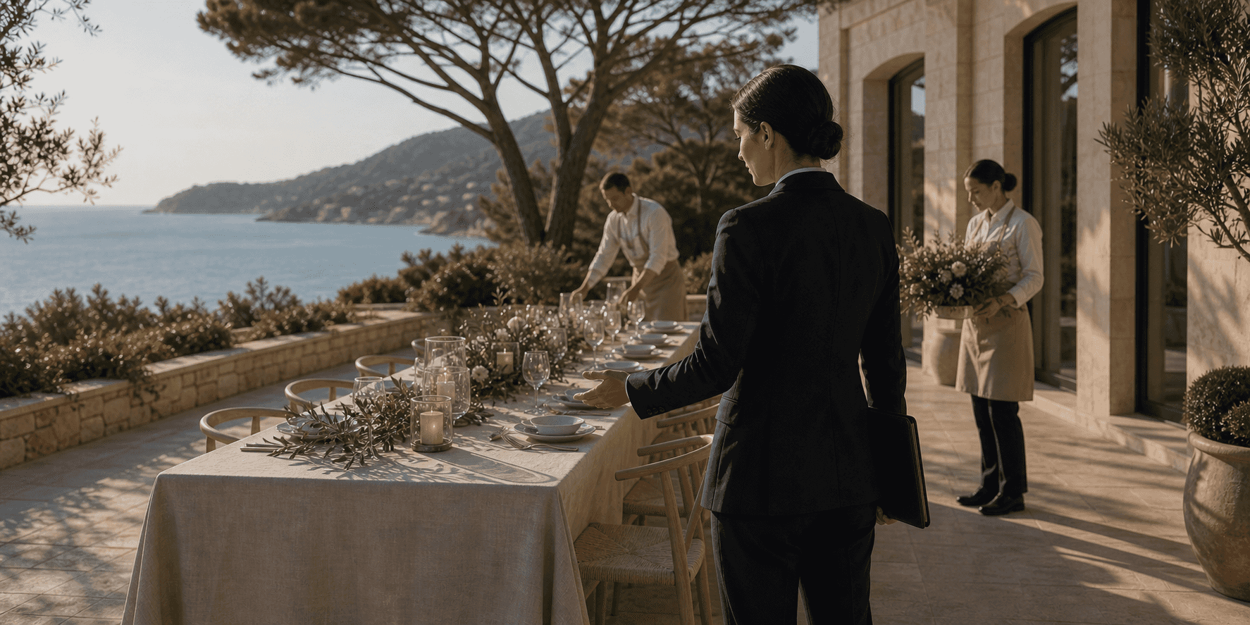 Concierge coordonnant la préparation d’une réception dans une villa face à la Méditerranée