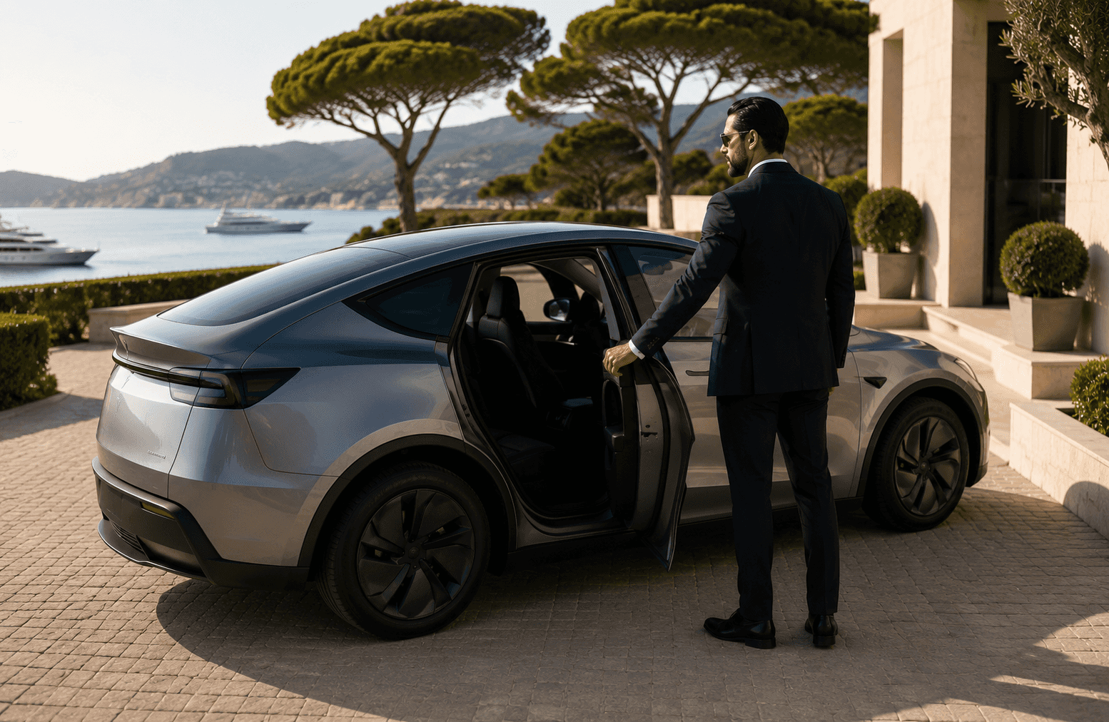 Chauffeur privé ouvrant la portière d’un véhicule haut de gamme devant une villa de la Côte d’Azur