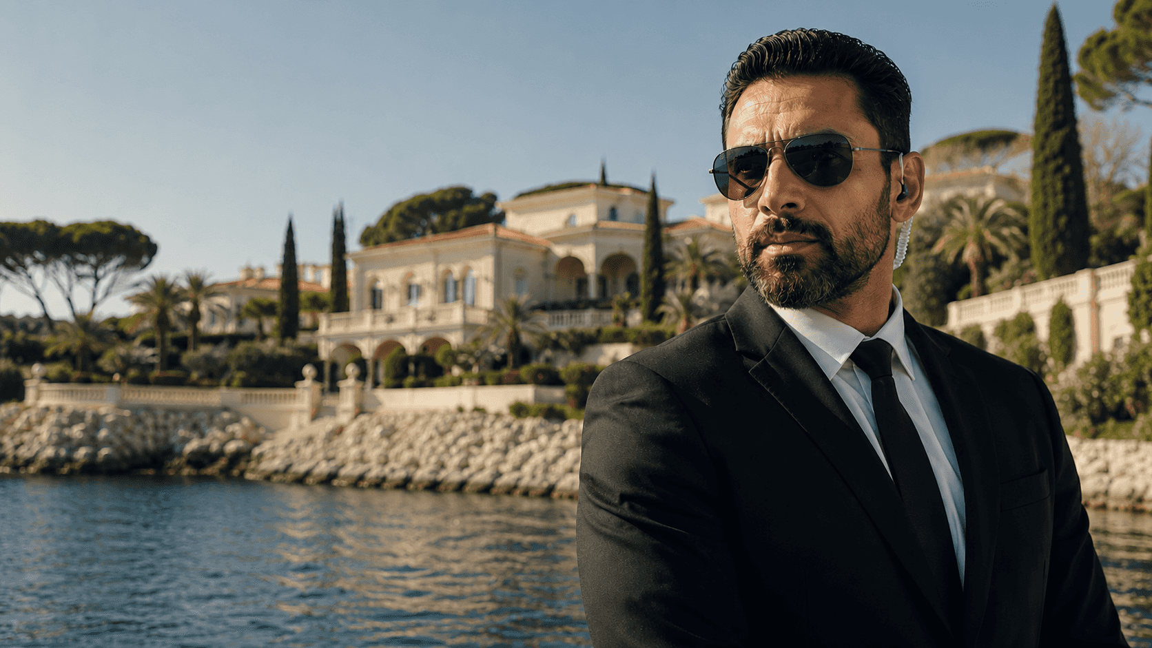 Agent de sécurité devant une villa en bord de Méditerranée sur la Côte d’Azur