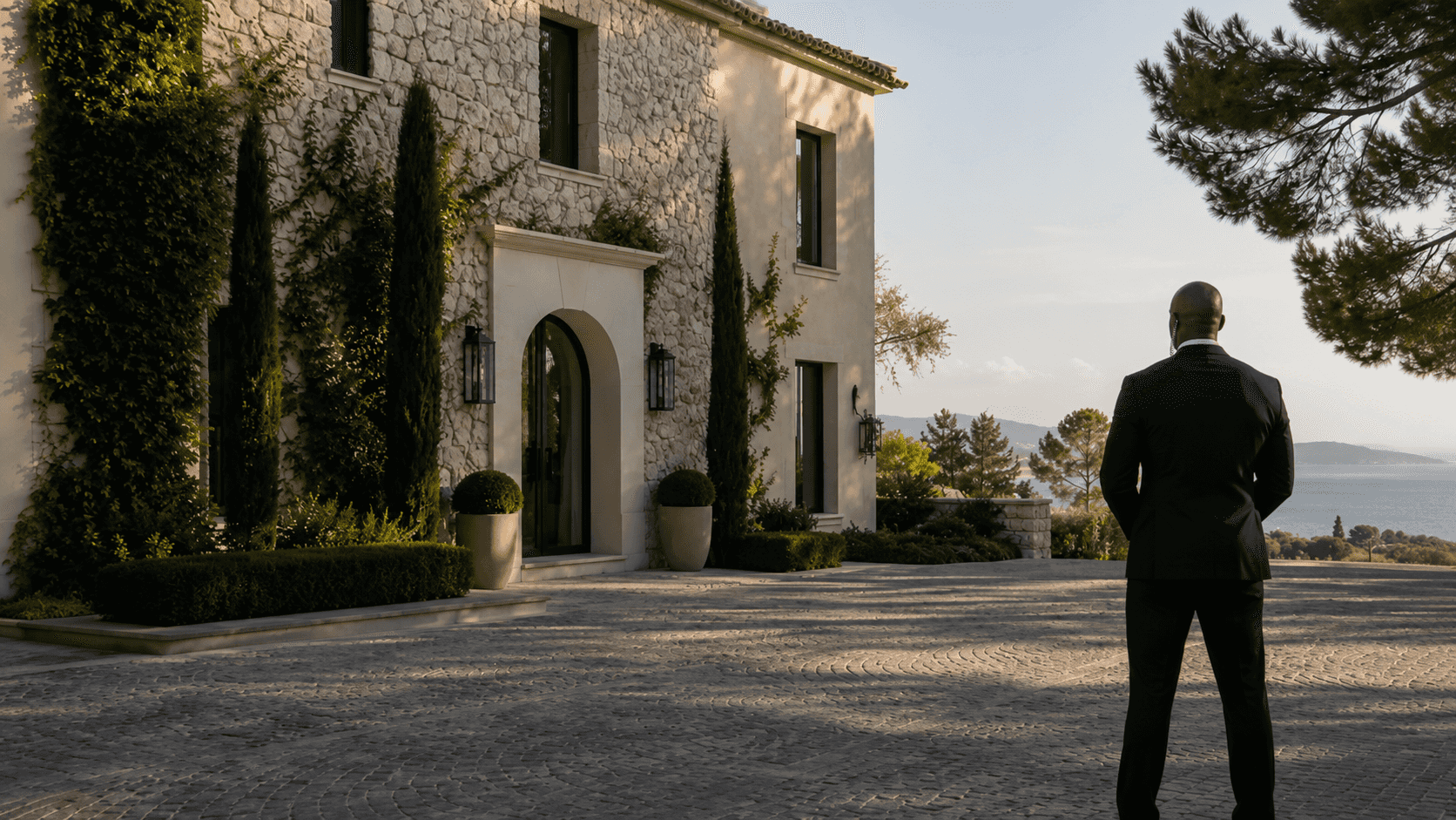 Agent de sécurité surveillant les abords d’une villa avec vue mer sur la Côte d’Azur